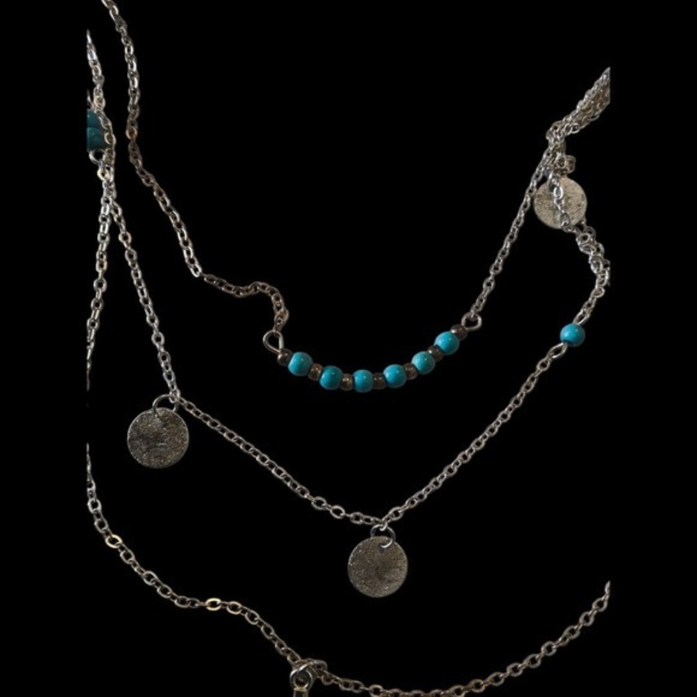 Boho Layered Feather Necklace Turquoise Silver Tone - Picture 4 of 6